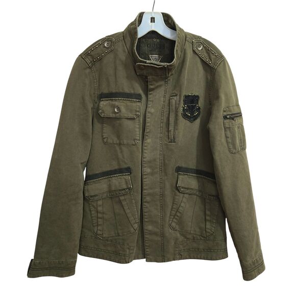 Guess Military style jacket Mens Size S Army Green Studs Patches Punk Grunge - Picture 1 of 16